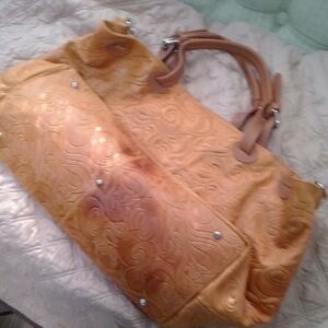 Elegant Embossed Tan Handbag